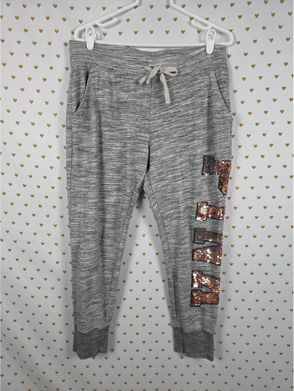 Victorias Secret PINK Gold Bling Flip Sequin Sweats Joggers Sweatpants LARGE